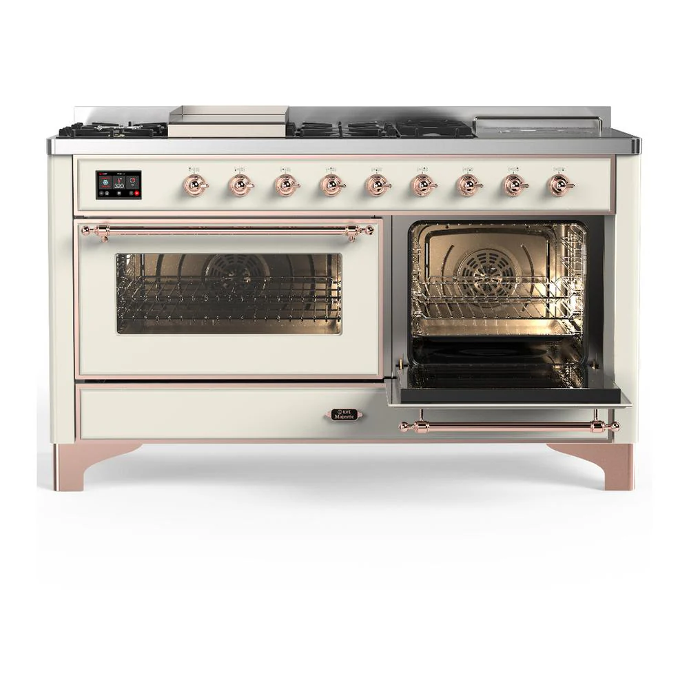 Ilve UM60FSNR3AWP Ilve Um60Fsnr3Awp Majestic Iii 60 Inch Dual Fuel Range With 7 Burners, Griddle And French Top, Dual Function Burner With Up To 25,000 Btu (Natural Gas, Triple Glass Door, Antique White, Copper) - Image 4