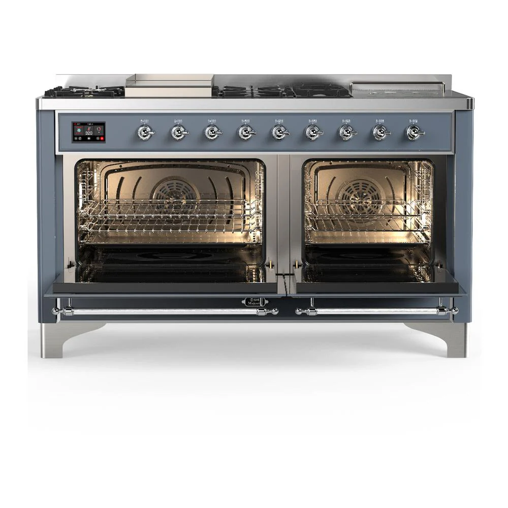 Ilve UM60FSNR3BGC Ilve Um60Fsnr3Bgc Majestic Iii 60 Inch Dual Fuel Range With 7 Burners, Griddle And French Top, Dual Function Burner With Up To 25,000 Btu (Natural Gas, Triple Glass Door, Blue Grey, Chrome) - Image 2