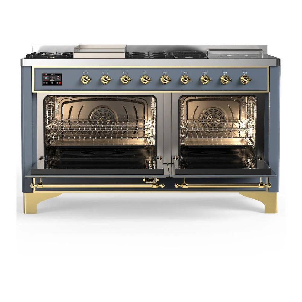Ilve UM60FSNR3BGG Ilve Um60Fsnr3Bgg Majestic Iii 60 Inch Dual Fuel Range With 7 Burners, Griddle And French Top, Dual Function Burner With Up To 25,000 Btu (Natural Gas, Triple Glass Door, Blue Grey, Brass) - Image 2