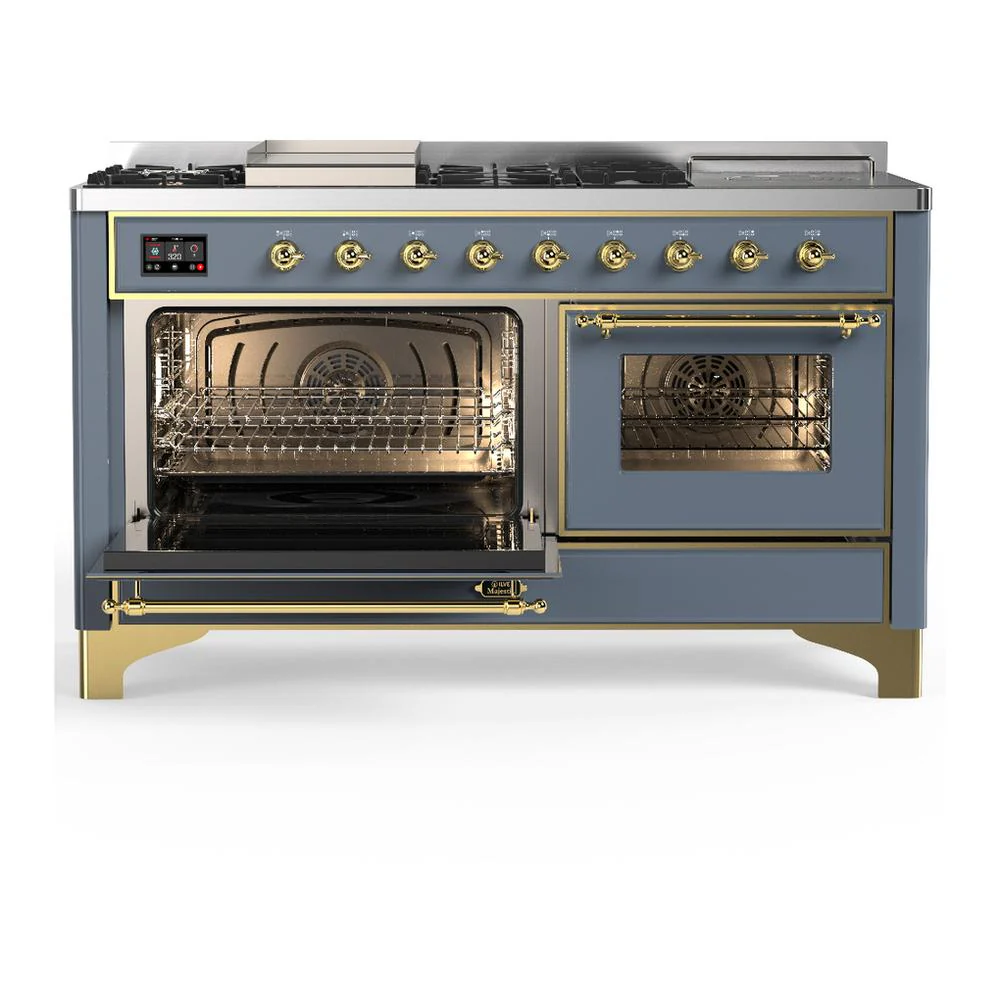 Ilve UM60FSNR3BGG Ilve Um60Fsnr3Bgg Majestic Iii 60 Inch Dual Fuel Range With 7 Burners, Griddle And French Top, Dual Function Burner With Up To 25,000 Btu (Natural Gas, Triple Glass Door, Blue Grey, Brass) - Image 3