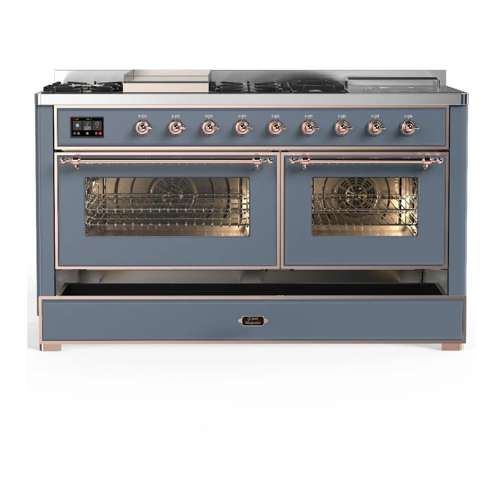 Ilve UM60FSNR3BGPLP Ilve Um60Fsnr3Bgplp Majestic Iii 60 Inch Dual Fuel Range With 7 Burners, Griddle And French Top, Dual Function Burner With Up To 25,000 Btu (Liquid Propane, Triple Glass Door, Blue Grey, Copper) - Image 5
