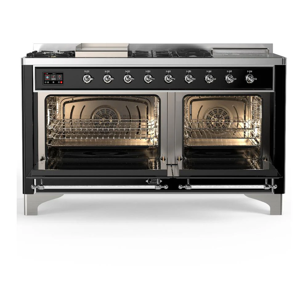 Ilve UM60FSNR3BKC Ilve Um60Fsnr3Bkc Majestic Iii 60 Inch Dual Fuel Range With 7 Burners, Griddle And French Top, Dual Function Burner With Up To 25,000 Btu (Natural Gas, Triple Glass Door, Glossy Black, Chrome) - Image 2