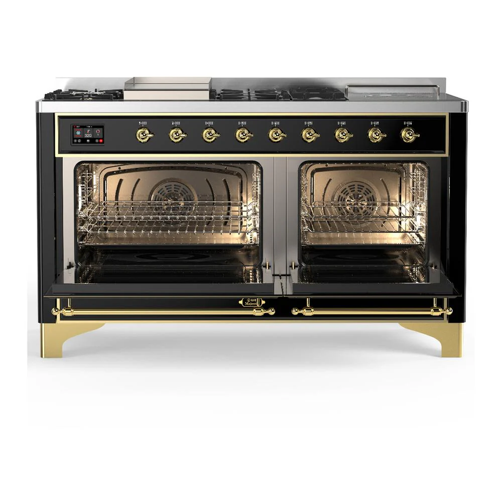 Ilve UM60FSNR3BKGLP Ilve Um60Fsnr3Bkglp Majestic Iii 60 Inch Dual Fuel Range With 7 Burners, Griddle And French Top, Dual Function Burner With Up To 25,000 Btu (Liquid Propane, Triple Glass Door, Glossy Black, Brass) - Image 2