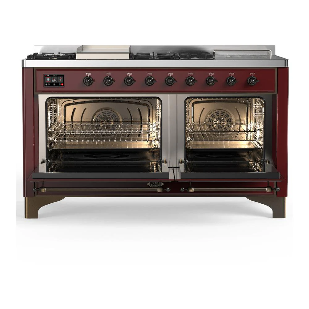 Ilve UM60FSNR3BUB Ilve Um60Fsnr3Bub Majestic Iii 60 Inch Dual Fuel Range With 7 Burners, Griddle And French Top, Dual Function Burner With Up To 25,000 Btu (Natural Gas, Triple Glass Door, Burgundy, Burnished) - Image 2