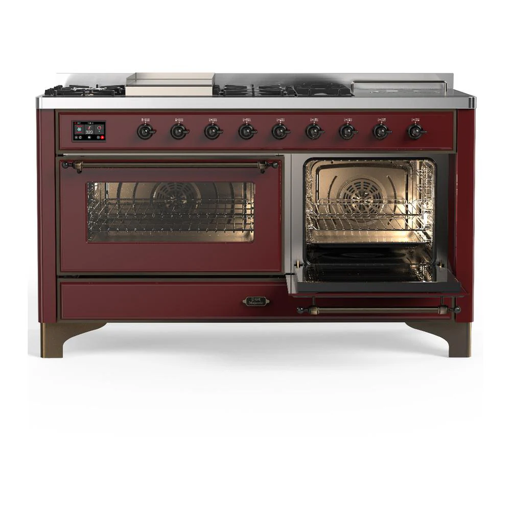 Ilve UM60FSNR3BUB Ilve Um60Fsnr3Bub Majestic Iii 60 Inch Dual Fuel Range With 7 Burners, Griddle And French Top, Dual Function Burner With Up To 25,000 Btu (Natural Gas, Triple Glass Door, Burgundy, Burnished) - Image 4