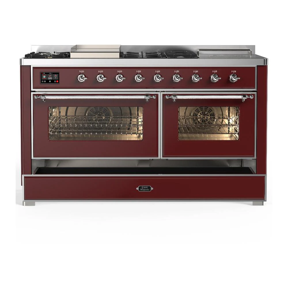 Ilve UM60FSNR3BUCLP Ilve Um60Fsnr3Buclp Majestic Iii 60 Inch Dual Fuel Range With 7 Burners, Griddle And French Top, Dual Function Burner With Up To 25,000 Btu (Liquid Propane, Triple Glass Door, Burgundy, Chrome) - Image 5