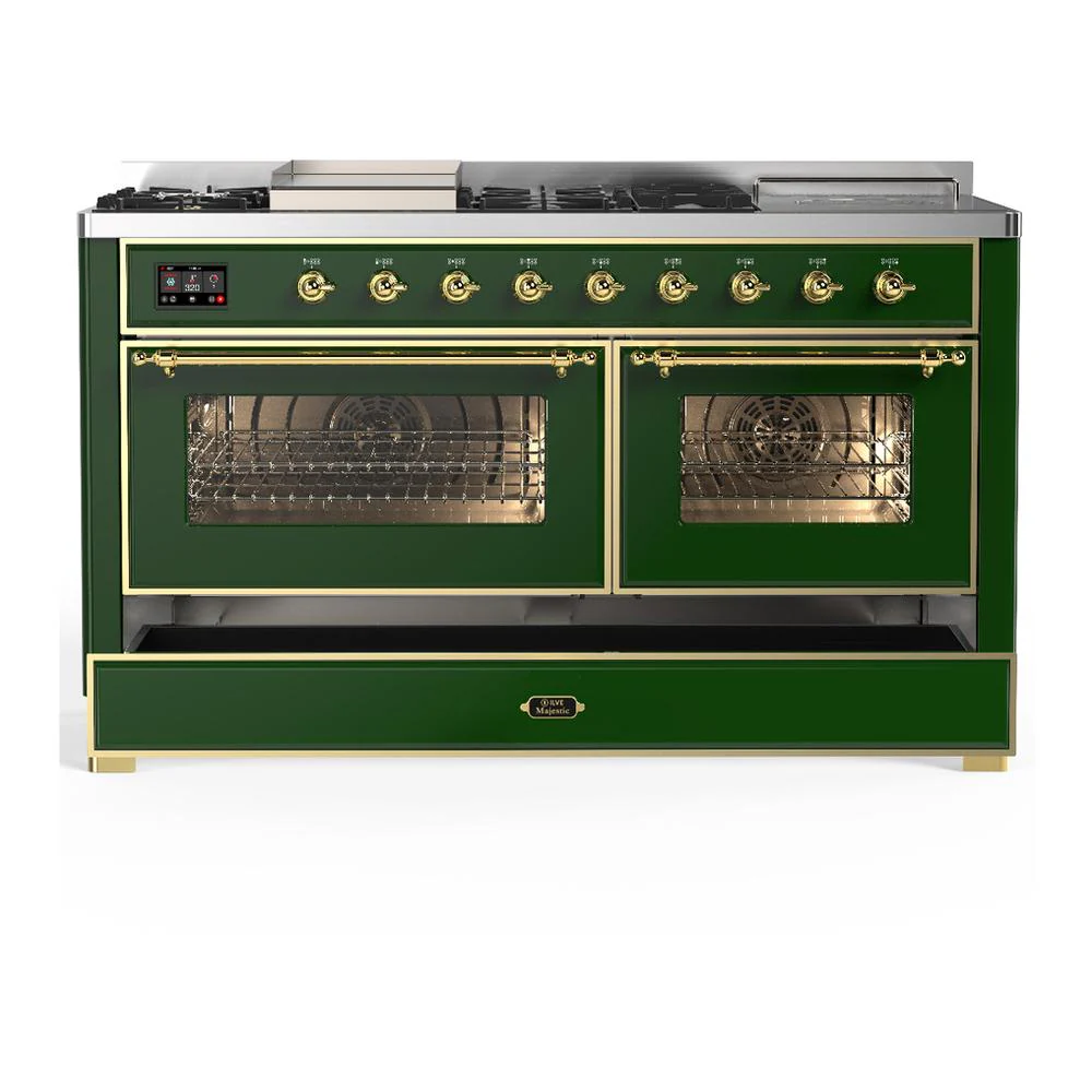 Ilve UM60FSNR3EGG Ilve Um60Fsnr3Egg Majestic Iii 60 Inch Dual Fuel Range With 7 Burners, Griddle And French Top, Dual Function Burner With Up To 25,000 Btu (Natural Gas, Triple Glass Door, Emerald Green, Brass) - Image 5