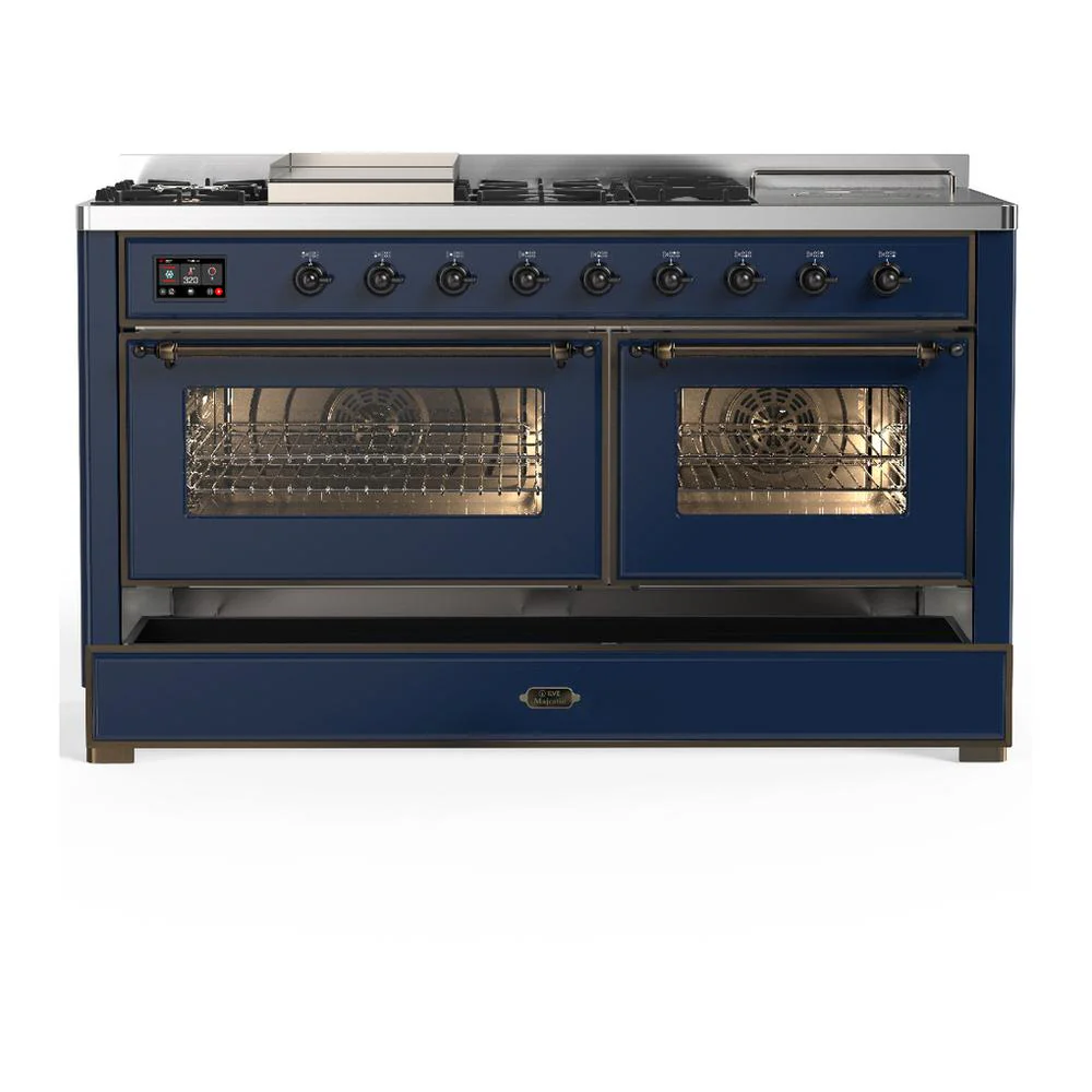 Ilve UM60FSNR3MBBLP Ilve Um60Fsnr3Mbblp Majestic Iii 60 Inch Dual Fuel Range With 7 Burners, Griddle And French Top, Dual Function Burner With Up To 25,000 Btu (Liquid Propane, Triple Glass Door, Midnight Blue, Burnished) - Image 5