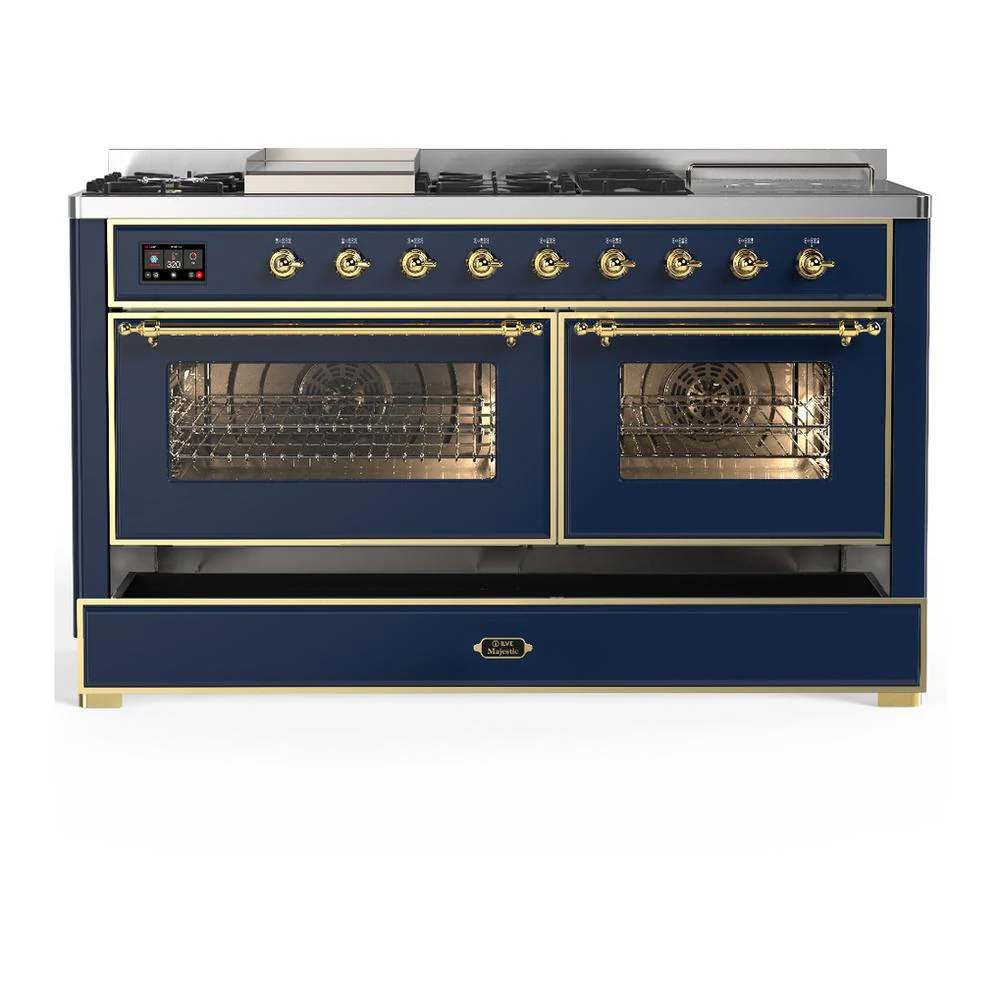 Ilve UM60FSNR3MBG Ilve Um60Fsnr3Mbg Majestic Iii 60 Inch Dual Fuel Range With 7 Burners, Griddle And French Top, Dual Function Burner With Up To 25,000 Btu (Natural Gas, Triple Glass Door, Midnight Blue, Brass) - Image 5
