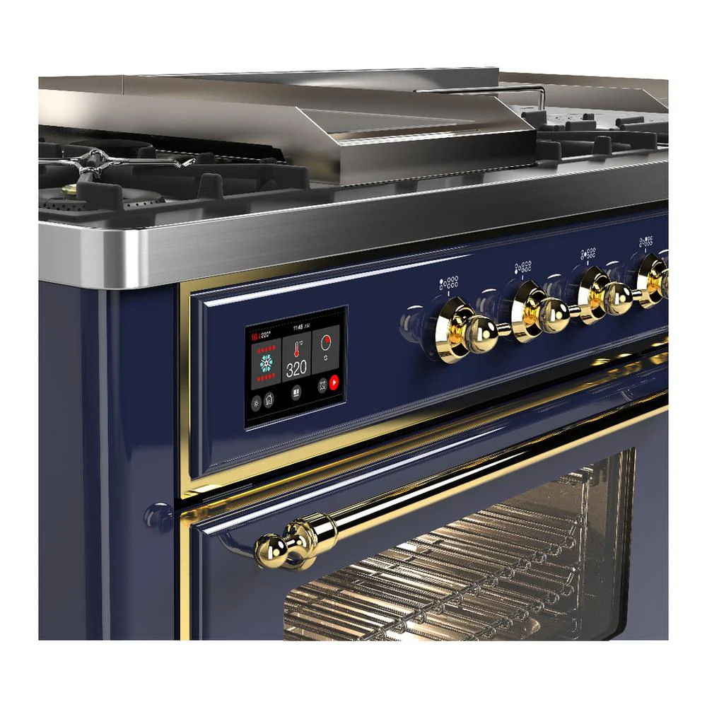 Ilve UM60FSNR3MBGLP Ilve Um60Fsnr3Mbglp Majestic Iii 60 Inch Dual Fuel Range With 7 Burners, Griddle And French Top, Dual Function Burner With Up To 25,000 Btu (Liquid Propane, Triple Glass Door, Midnight Blue, Brass) - Image 7