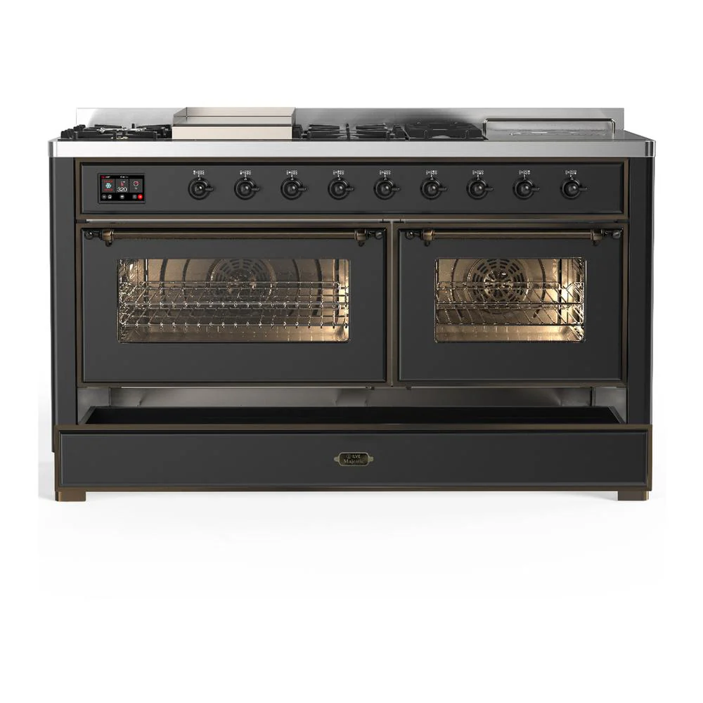 Ilve UM60FSNR3MGB Ilve Um60Fsnr3Mgb Majestic Iii 60 Inch Dual Fuel Range With 7 Burners, Griddle And French Top, Dual Function Burner With Up To 25,000 Btu (Natural Gas, Triple Glass Door, Graphite Matte, Burnished) - Image 5