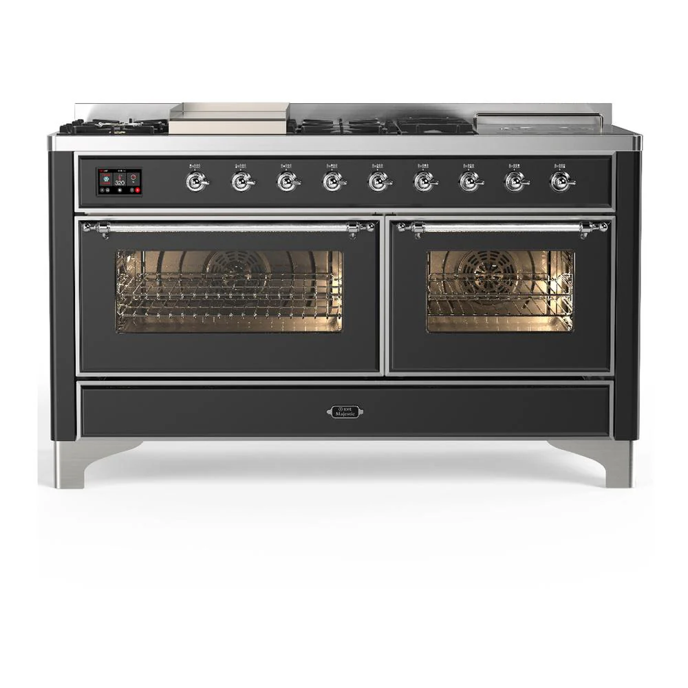Ilve UM60FSNR3MGC Ilve Um60Fsnr3Mgc Majestic Iii 60 Inch Dual Fuel Range With 7 Burners, Griddle And French Top, Dual Function Burner With Up To 25,000 Btu (Natural Gas, Triple Glass Door, Graphite Matte, Chrome)