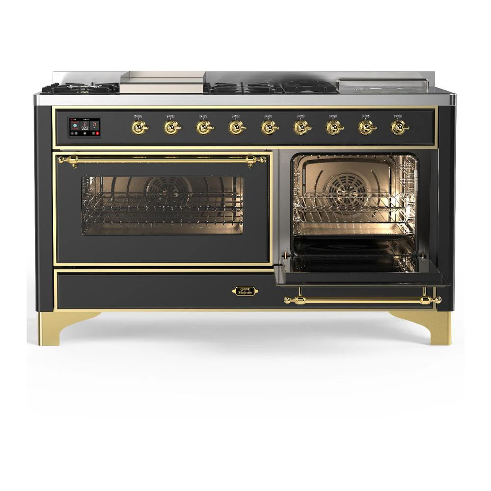 Ilve UM60FSNR3MGGLP Ilve Um60Fsnr3Mgglp Majestic Iii 60 Inch Dual Fuel Range With 7 Burners, Griddle And French Top, Dual Function Burner With Up To 25,000 Btu (Liquid Propane, Triple Glass Door, Graphite Matte, Brass) - Image 4