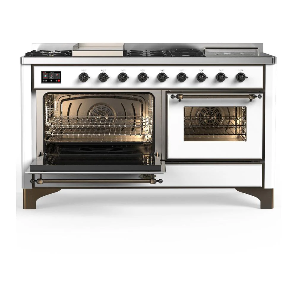 Ilve UM60FSNR3WHBLP Ilve Um60Fsnr3Whblp Majestic Iii 60 Inch Dual Fuel Range With 7 Burners, Griddle And French Top, Dual Function Burner With Up To 25,000 Btu (Liquid Propane, Triple Glass Door, White, Burnished) - Image 3