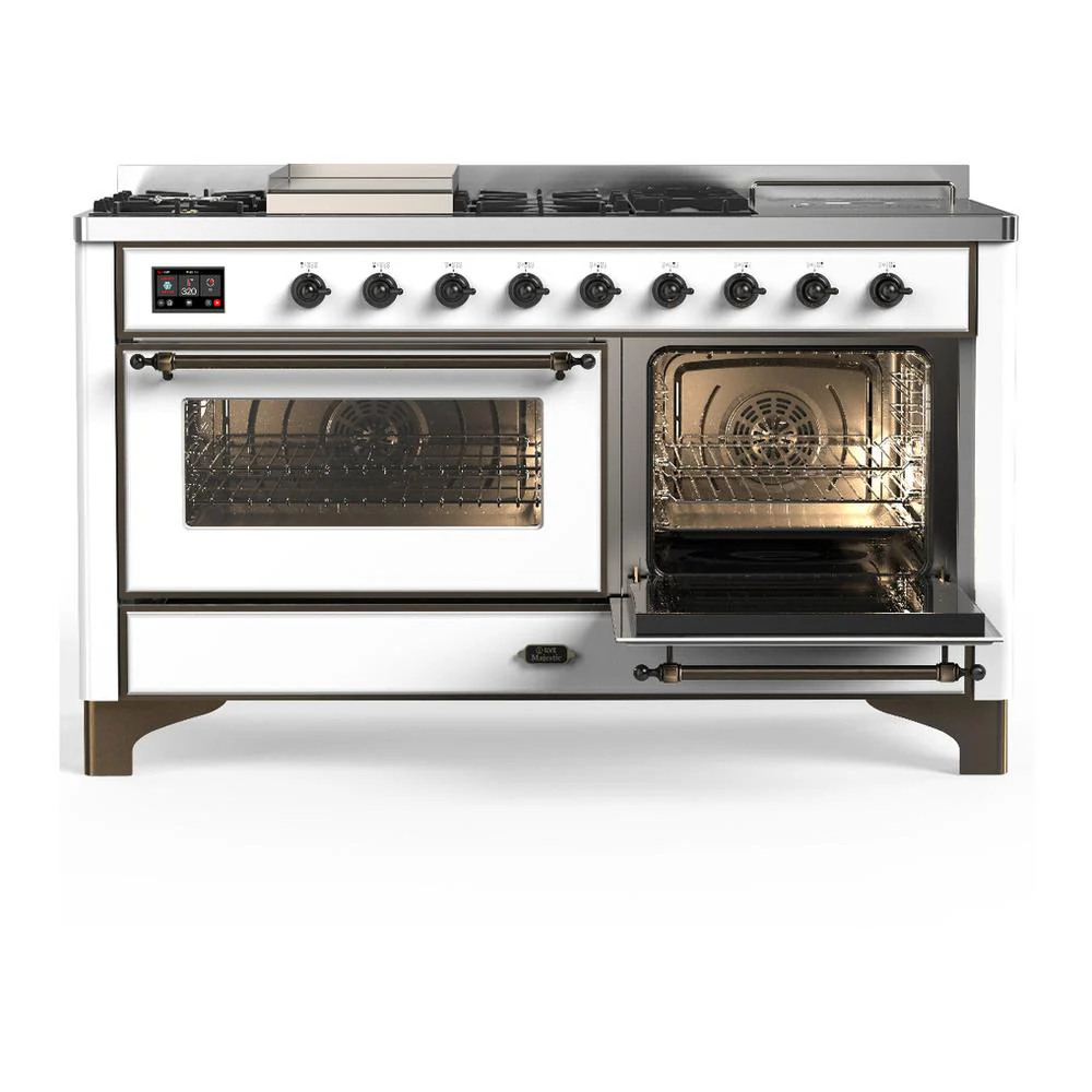 Ilve UM60FSNR3WHBLP Ilve Um60Fsnr3Whblp Majestic Iii 60 Inch Dual Fuel Range With 7 Burners, Griddle And French Top, Dual Function Burner With Up To 25,000 Btu (Liquid Propane, Triple Glass Door, White, Burnished) - Image 4
