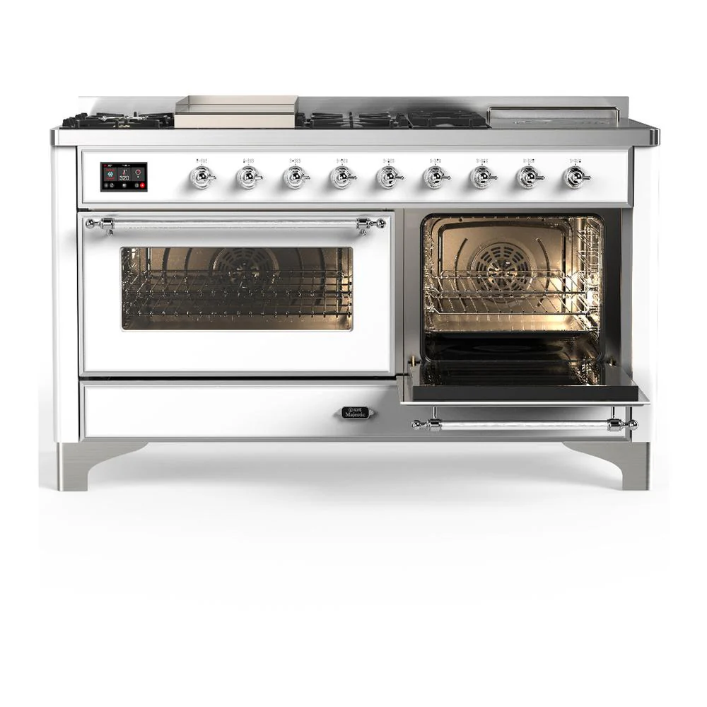 Ilve UM60FSNR3WHC Ilve Um60Fsnr3Whc Majestic Iii 60 Inch Dual Fuel Range With 7 Burners, Griddle And French Top, Dual Function Burner With Up To 25,000 Btu (Natural Gas, Triple Glass Door, White, Chrome) - Image 4