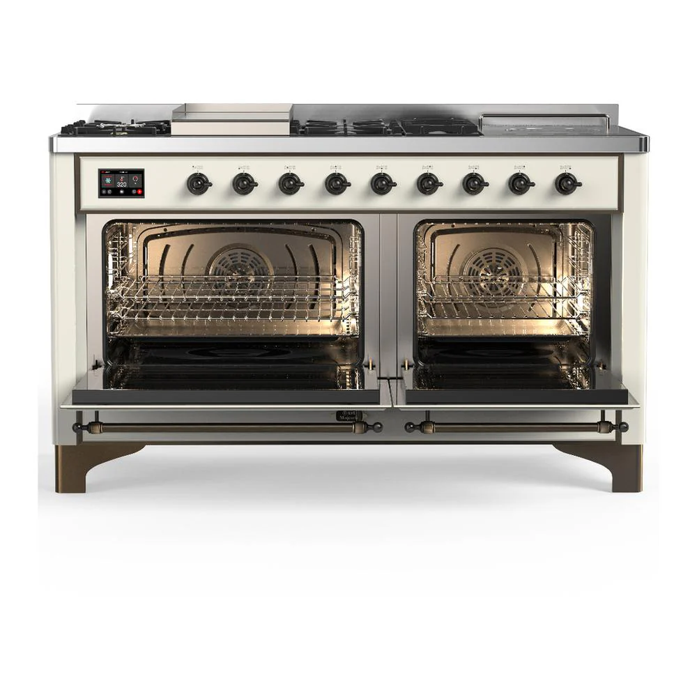 Ilve UM60FSQNR3AWBLP Ilve Um60Fsqnr3Awblp Majestic Iii 60 Inch Dual Fuel Range With 7 Burners, Griddle And French Top, Dual Function Burner With Up To 25,000 Btu (Liquid Propane, Solid Door, Antique White, Burnished) - Image 2