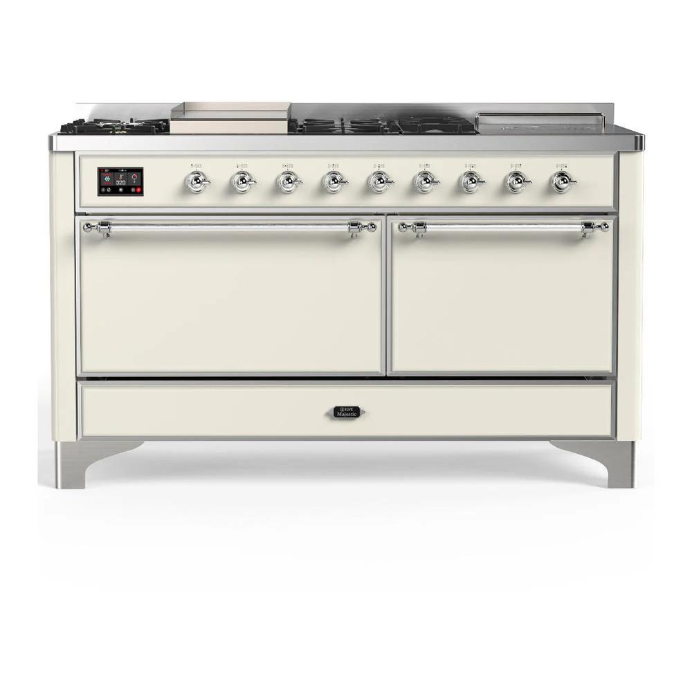 Ilve UM60FSQNR3AWCLP Ilve Um60Fsqnr3Awclp Majestic Iii 60 Inch Dual Fuel Range With 7 Burners, Griddle And French Top, Dual Function Burner With Up To 25,000 Btu (Liquid Propane, Solid Door, Antique White, Chrome)