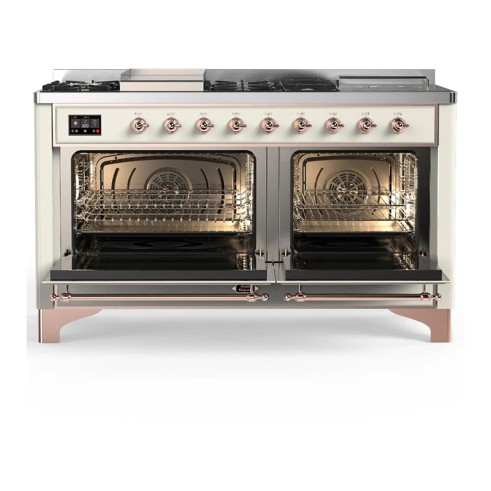 Ilve UM60FSQNR3AWP Ilve Um60Fsqnr3Awp Majestic Iii 60 Inch Dual Fuel Range With 7 Burners, Griddle And French Top, Dual Function Burner With Up To 25,000 Btu (Natural Gas, Solid Door, Antique White, Copper) - Image 2
