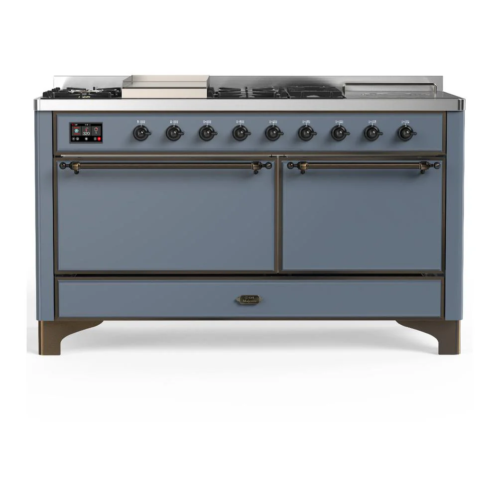 Ilve UM60FSQNR3BGBLP Ilve Um60Fsqnr3Bgblp Majestic Iii 60 Inch Dual Fuel Range With 7 Burners, Griddle And French Top, Dual Function Burner With Up To 25,000 Btu (Liquid Propane, Solid Door, Blue Grey, Burnished)