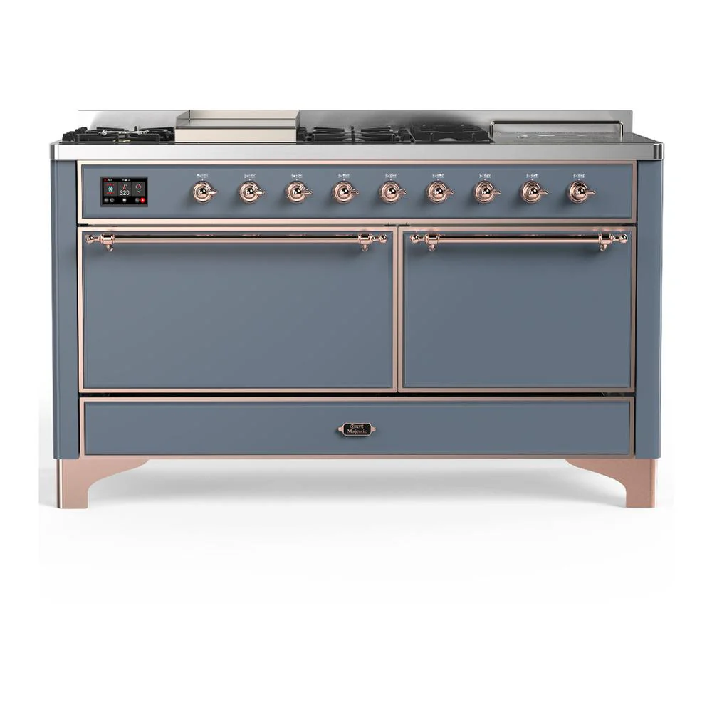 Ilve UM60FSQNR3BGP Ilve Um60Fsqnr3Bgp Majestic Iii 60 Inch Dual Fuel Range With 7 Burners, Griddle And French Top, Dual Function Burner With Up To 25,000 Btu (Natural Gas, Solid Door, Blue Grey, Copper)
