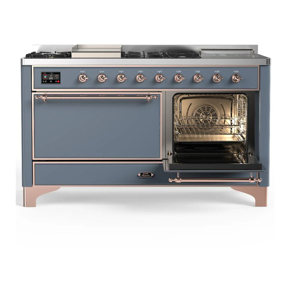 Ilve UM60FSQNR3BGPLP Ilve Um60Fsqnr3Bgplp Majestic Iii 60 Inch Dual Fuel Range With 7 Burners, Griddle And French Top, Dual Function Burner With Up To 25,000 Btu (Liquid Propane, Solid Door, Blue Grey, Copper) - Image 4