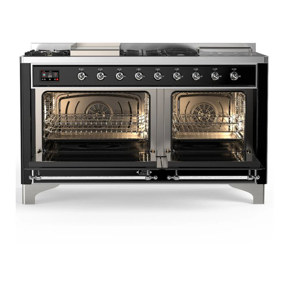 Ilve UM60FSQNR3BKC Ilve Um60Fsqnr3Bkc Majestic Iii 60 Inch Dual Fuel Range With 7 Burners, Griddle And French Top, Dual Function Burner With Up To 25,000 Btu (Natural Gas, Solid Door, Glossy Black, Chrome) - Image 2