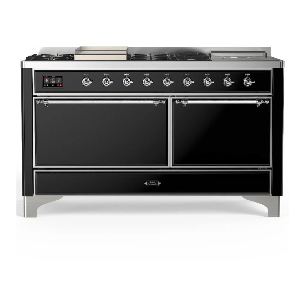 Ilve UM60FSQNR3BKCLP Ilve Um60Fsqnr3Bkclp Majestic Iii 60 Inch Dual Fuel Range With 7 Burners, Griddle And French Top, Dual Function Burner With Up To 25,000 Btu (Liquid Propane, Solid Door, Glossy Black, Chrome)