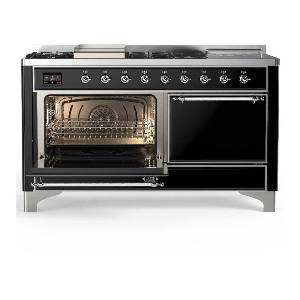 Ilve UM60FSQNR3BKCLP Ilve Um60Fsqnr3Bkclp Majestic Iii 60 Inch Dual Fuel Range With 7 Burners, Griddle And French Top, Dual Function Burner With Up To 25,000 Btu (Liquid Propane, Solid Door, Glossy Black, Chrome) - Image 3