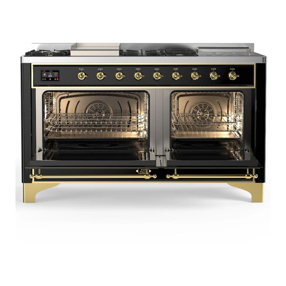 Ilve UM60FSQNR3BKGLP Ilve Um60Fsqnr3Bkglp Majestic Iii 60 Inch Dual Fuel Range With 7 Burners, Griddle And French Top, Dual Function Burner With Up To 25,000 Btu (Liquid Propane, Solid Door, Glossy Black, Brass) - Image 2