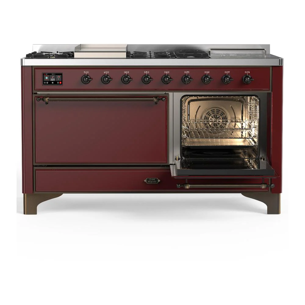 Ilve UM60FSQNR3BUB Ilve Um60Fsqnr3Bub Majestic Iii 60 Inch Dual Fuel Range With 7 Burners, Griddle And French Top, Dual Function Burner With Up To 25,000 Btu (Natural Gas, Solid Door, Burgundy, Burnished) - Image 4