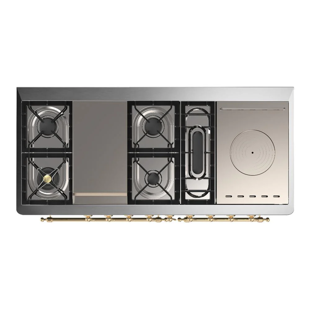 Ilve UM60FSQNR3BUG Ilve Um60Fsqnr3Bug Majestic Iii 60 Inch Dual Fuel Range With 7 Burners, Griddle And French Top, Dual Function Burner With Up To 25,000 Btu (Natural Gas, Solid Door, Burgundy, Brass) - Image 6