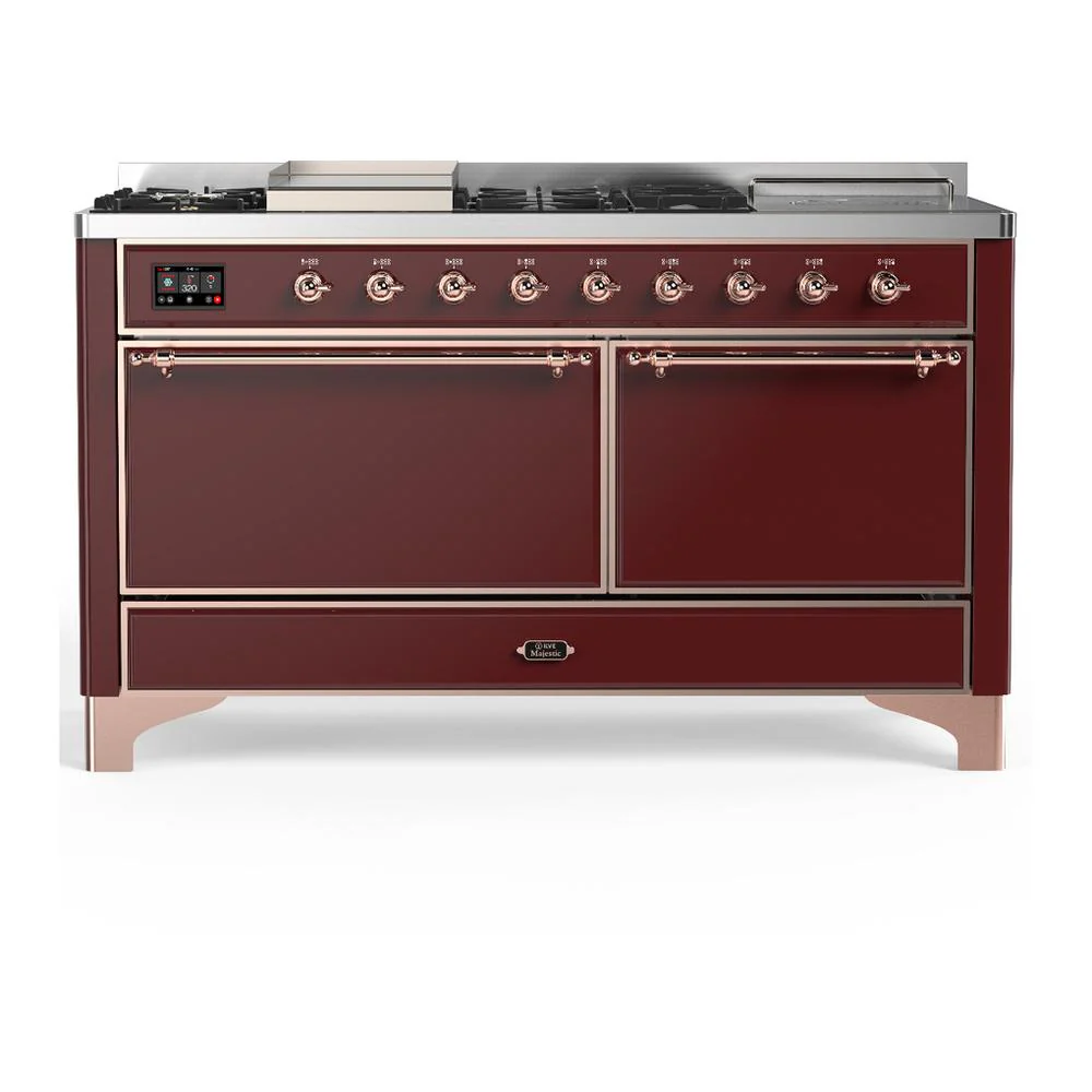 Ilve UM60FSQNR3BUP Ilve Um60Fsqnr3Bup Majestic Iii 60 Inch Dual Fuel Range With 7 Burners, Griddle And French Top, Dual Function Burner With Up To 25,000 Btu (Natural Gas, Solid Door, Burgundy, Copper)