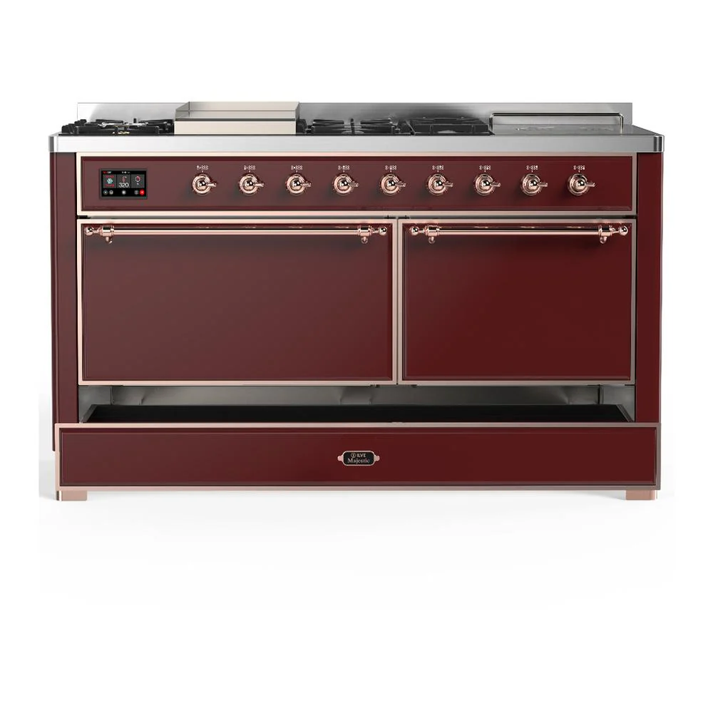 Ilve UM60FSQNR3BUPLP Ilve Um60Fsqnr3Buplp Majestic Iii 60 Inch Dual Fuel Range With 7 Burners, Griddle And French Top, Dual Function Burner With Up To 25,000 Btu (Liquid Propane, Solid Door, Burgundy, Copper) - Image 5