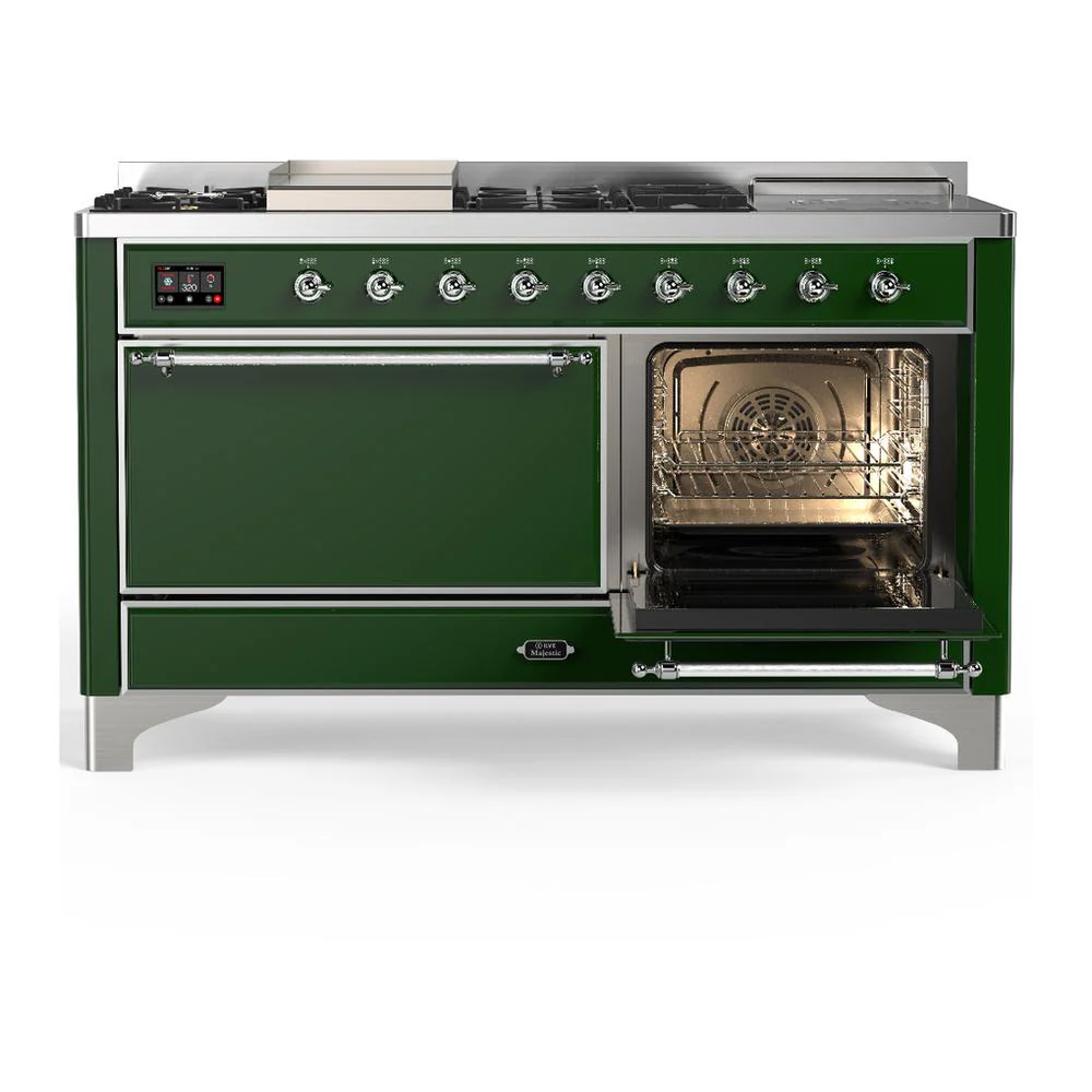Ilve UM60FSQNR3EGCLP Ilve Um60Fsqnr3Egclp Majestic Iii 60 Inch Dual Fuel Range With 7 Burners, Griddle And French Top, Dual Function Burner With Up To 25,000 Btu (Liquid Propane, Solid Door, Emerald Green, Chrome) - Image 4