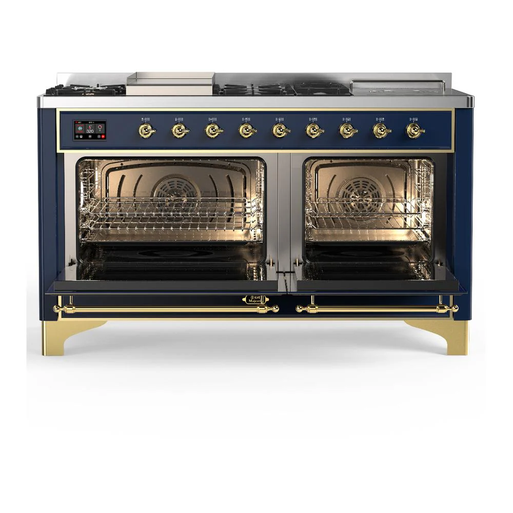 Ilve UM60FSQNR3MBGLP Ilve Um60Fsqnr3Mbglp Majestic Iii 60 Inch Dual Fuel Range With 7 Burners, Griddle And French Top, Dual Function Burner With Up To 25,000 Btu (Liquid Propane, Solid Door, Midnight Blue, Brass) - Image 2