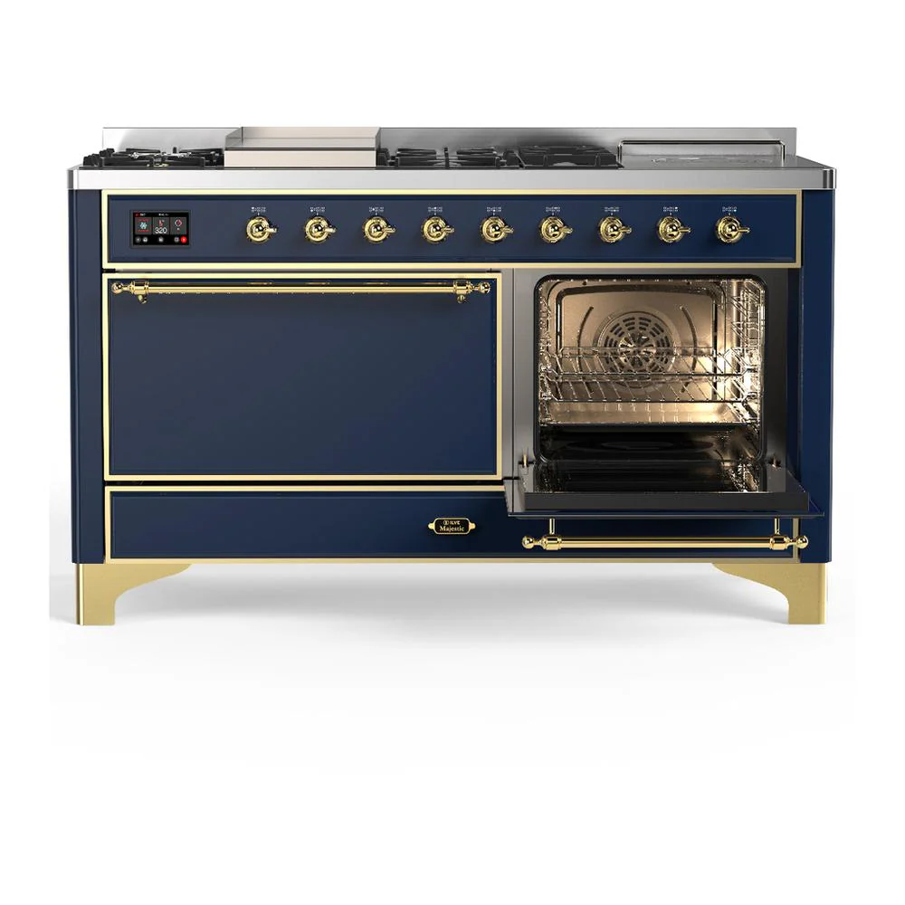 Ilve UM60FSQNR3MBGLP Ilve Um60Fsqnr3Mbglp Majestic Iii 60 Inch Dual Fuel Range With 7 Burners, Griddle And French Top, Dual Function Burner With Up To 25,000 Btu (Liquid Propane, Solid Door, Midnight Blue, Brass) - Image 4