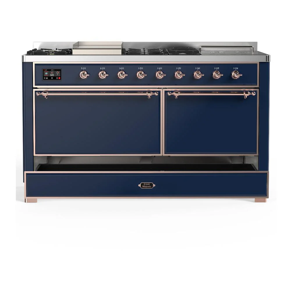 Ilve UM60FSQNR3MBP Ilve Um60Fsqnr3Mbp Majestic Iii 60 Inch Dual Fuel Range With 7 Burners, Griddle And French Top, Dual Function Burner With Up To 25,000 Btu (Natural Gas, Solid Door, Midnight Blue, Copper) - Image 5