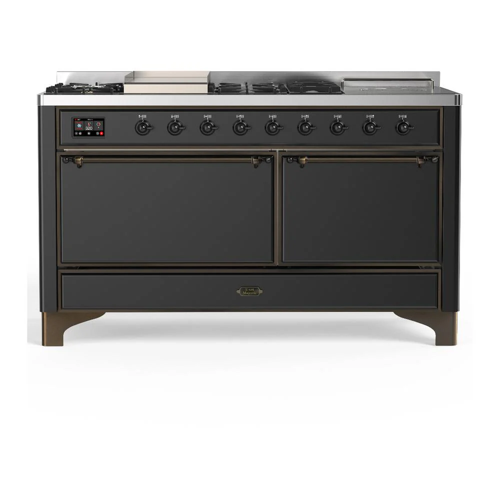 Ilve UM60FSQNR3MGB Ilve Um60Fsqnr3Mgb Majestic Iii 60 Inch Dual Fuel Range With 7 Burners, Griddle And French Top, Dual Function Burner With Up To 25,000 Btu (Natural Gas, Solid Door, Graphite Matte, Burnished)