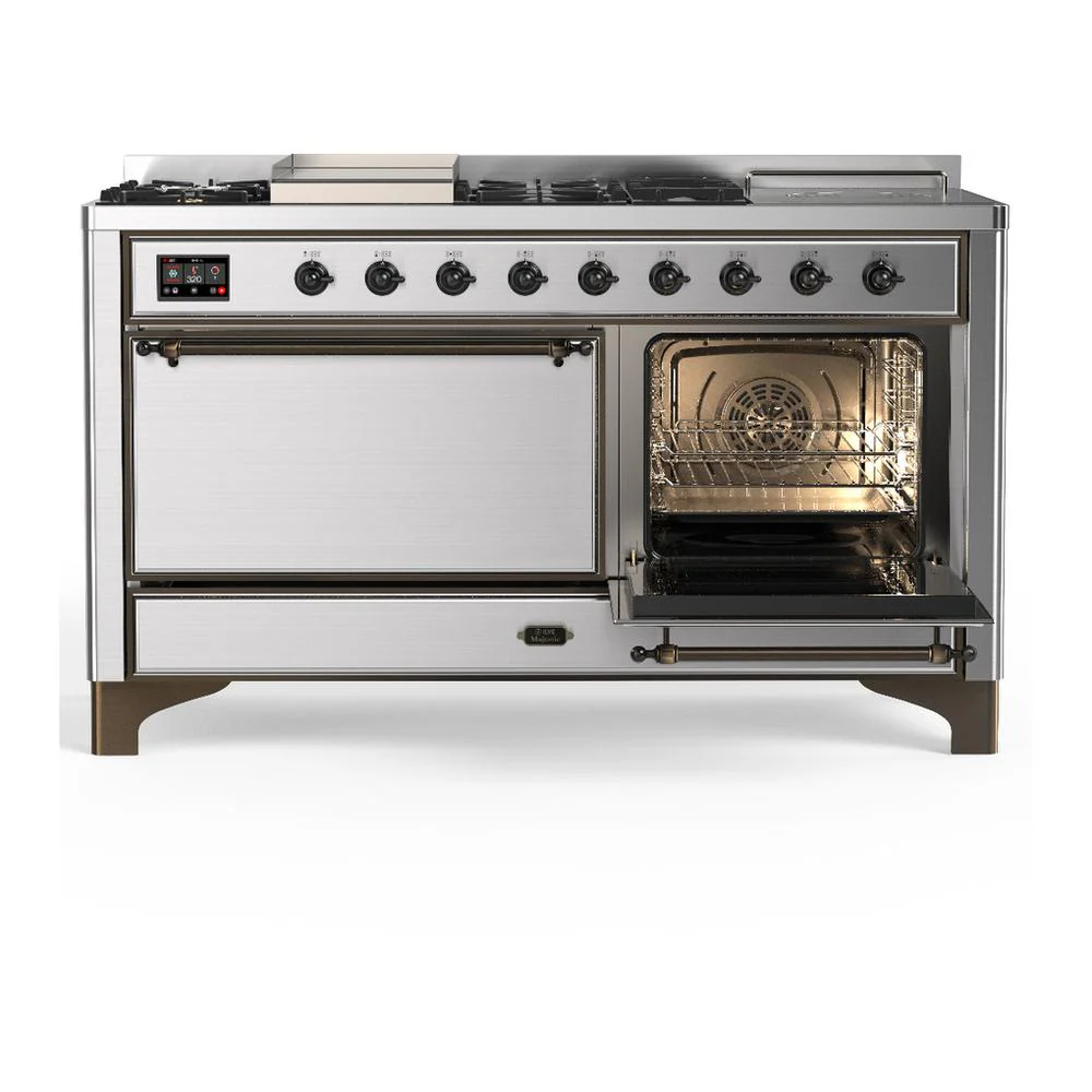 Ilve UM60FSQNR3SSB Ilve Um60Fsqnr3Ssb Majestic Iii 60 Inch Dual Fuel Range With 7 Burners, Griddle And French Top, Dual Function Burner With Up To 25,000 Btu (Natural Gas, Solid Door, Stainless Steel, Burnished) - Image 4