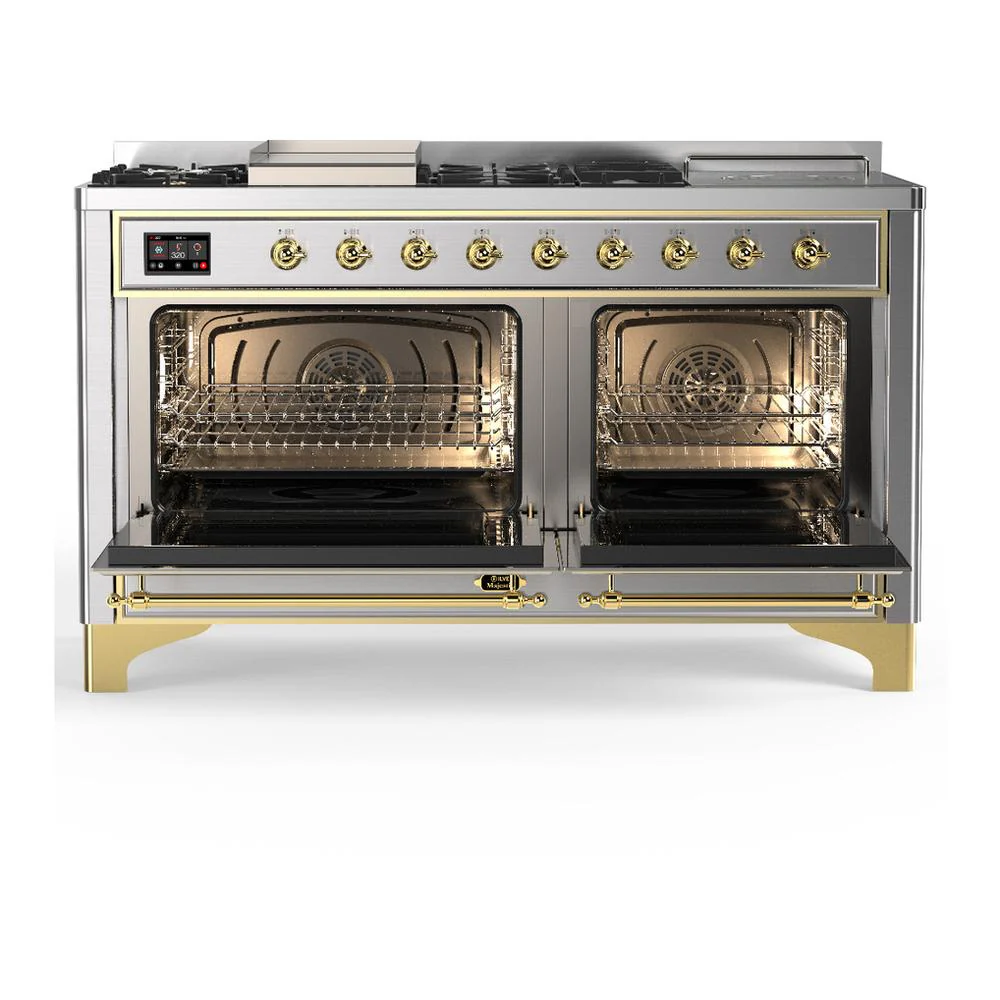 Ilve UM60FSQNR3SSG Ilve Um60Fsqnr3Ssg Majestic Iii 60 Inch Dual Fuel Range With 7 Burners, Griddle And French Top, Dual Function Burner With Up To 25,000 Btu (Natural Gas, Solid Door, Stainless Steel, Brass) - Image 2