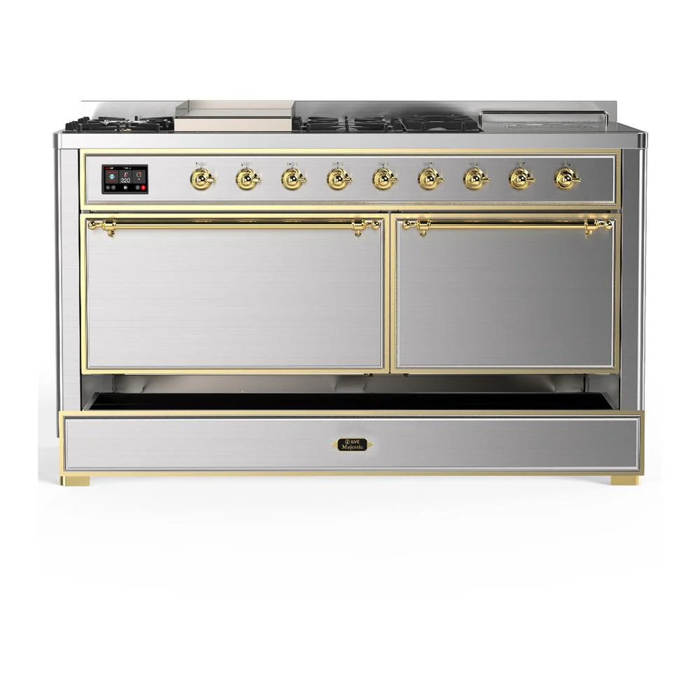 Ilve UM60FSQNR3SSG Ilve Um60Fsqnr3Ssg Majestic Iii 60 Inch Dual Fuel Range With 7 Burners, Griddle And French Top, Dual Function Burner With Up To 25,000 Btu (Natural Gas, Solid Door, Stainless Steel, Brass) - Image 5