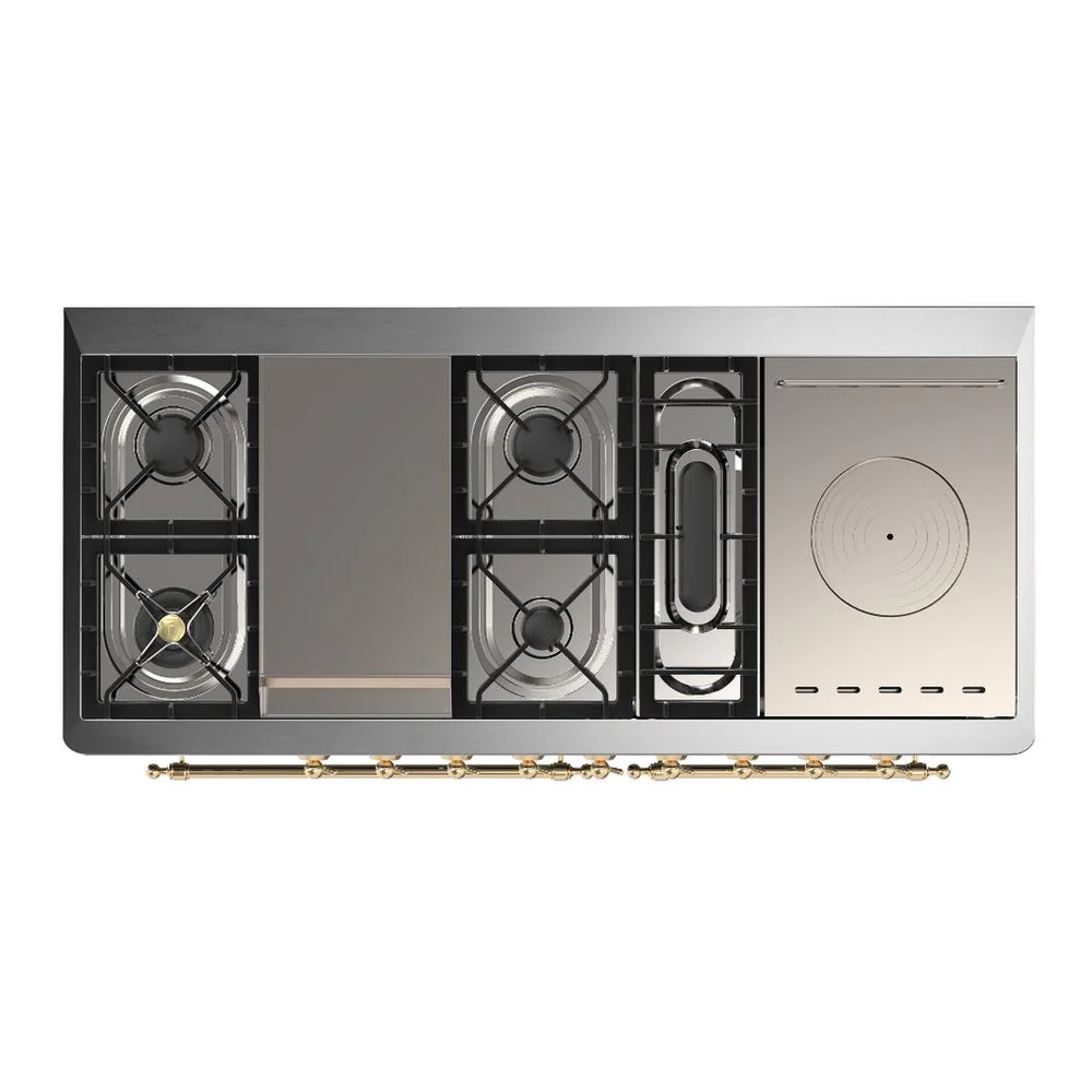 Ilve UM60FSQNR3SSG Ilve Um60Fsqnr3Ssg Majestic Iii 60 Inch Dual Fuel Range With 7 Burners, Griddle And French Top, Dual Function Burner With Up To 25,000 Btu (Natural Gas, Solid Door, Stainless Steel, Brass) - Image 6