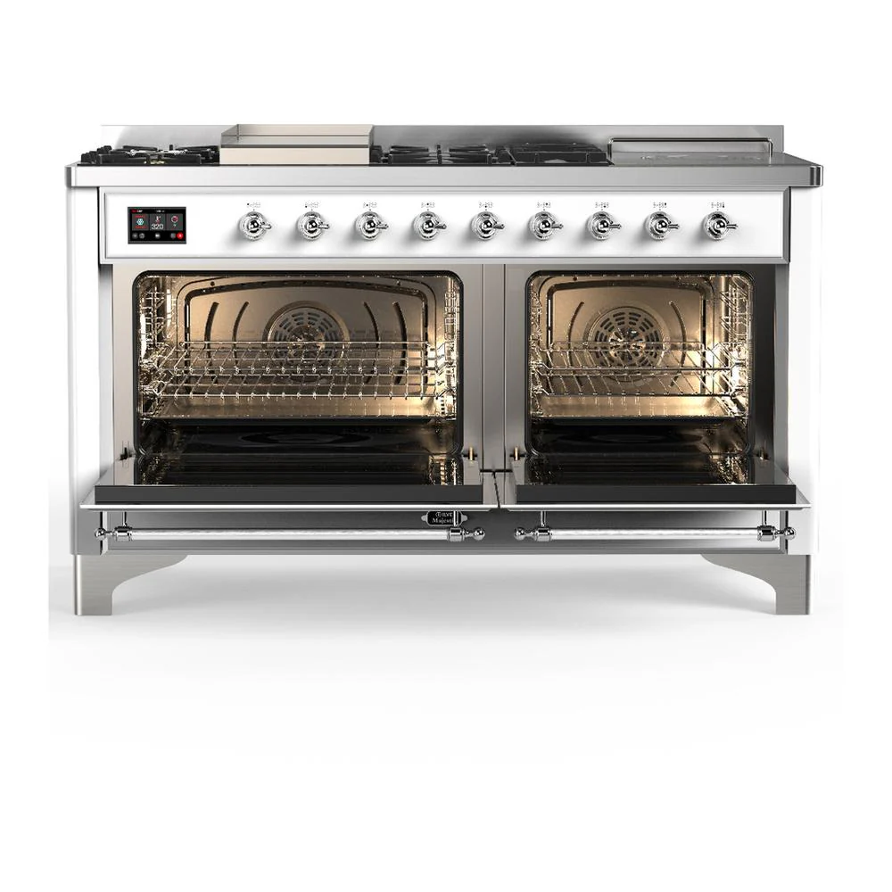 Ilve UM60FSQNR3WHC Ilve Um60Fsqnr3Whc Majestic Iii 60 Inch Dual Fuel Range With 7 Burners, Griddle And French Top, Dual Function Burner With Up To 25,000 Btu (Natural Gas, Solid Door, White, Chrome) - Image 2