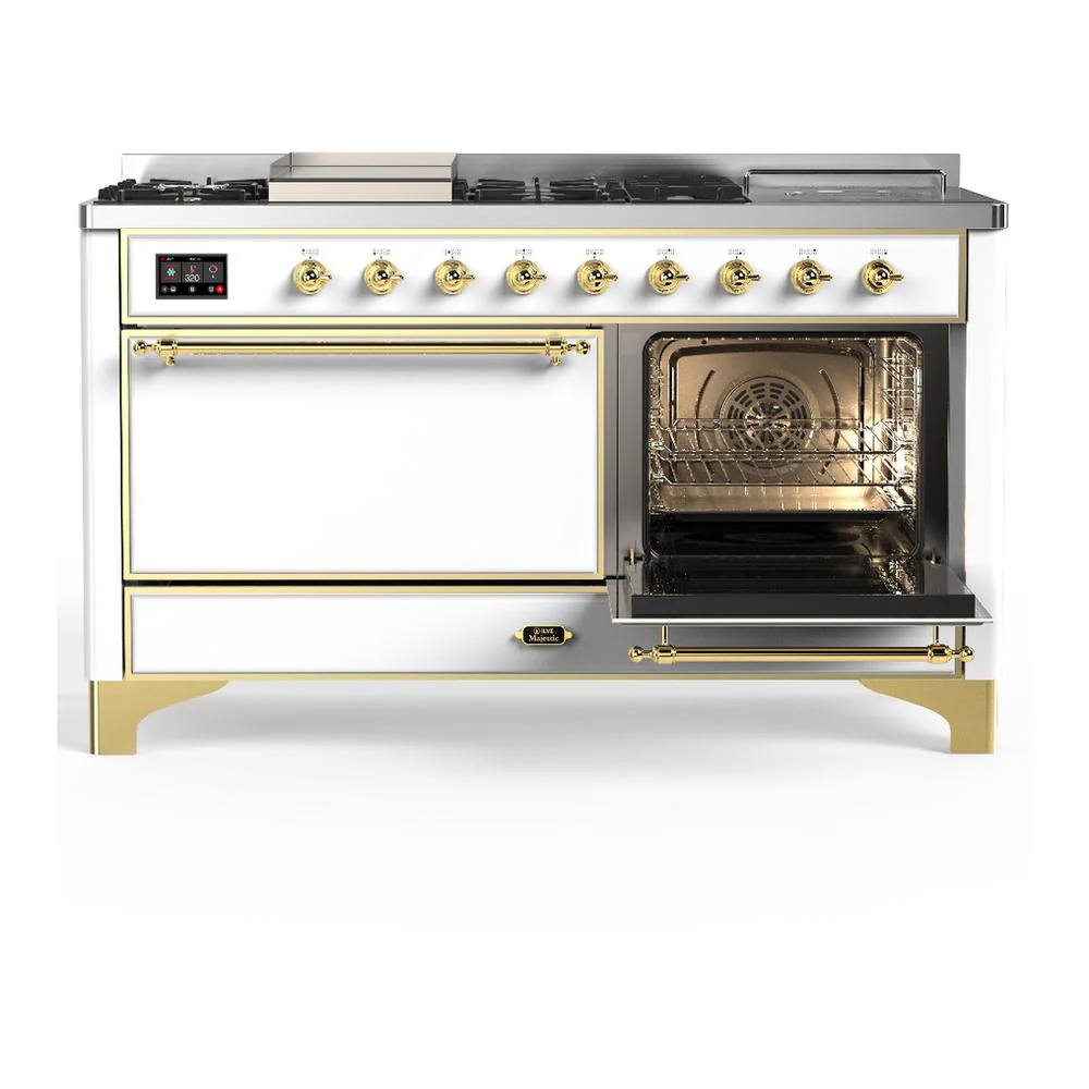 Ilve UM60FSQNR3WHGLP Ilve Um60Fsqnr3Whglp Majestic Iii 60 Inch Dual Fuel Range With 7 Burners, Griddle And French Top, Dual Function Burner With Up To 25,000 Btu (Liquid Propane, Solid Door, White, Brass) - Image 4