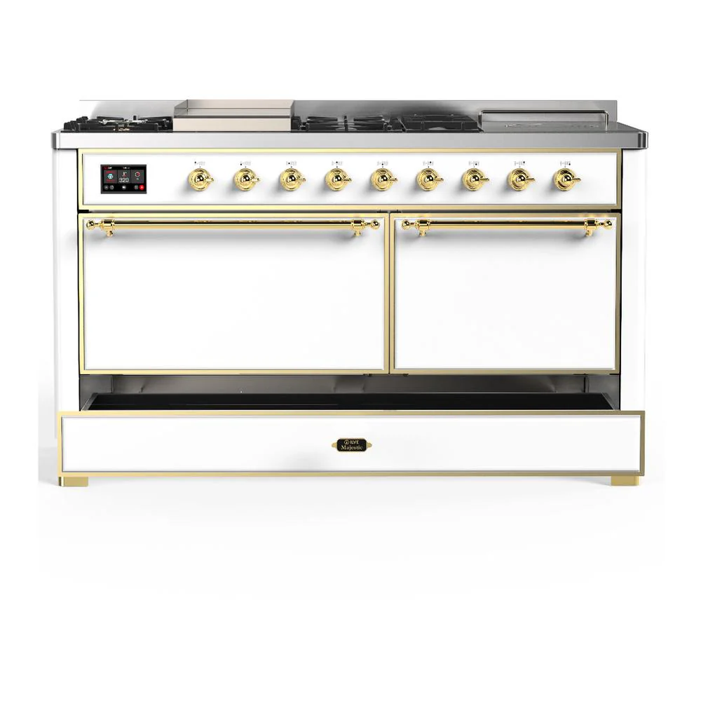 Ilve UM60FSQNR3WHGLP Ilve Um60Fsqnr3Whglp Majestic Iii 60 Inch Dual Fuel Range With 7 Burners, Griddle And French Top, Dual Function Burner With Up To 25,000 Btu (Liquid Propane, Solid Door, White, Brass) - Image 5