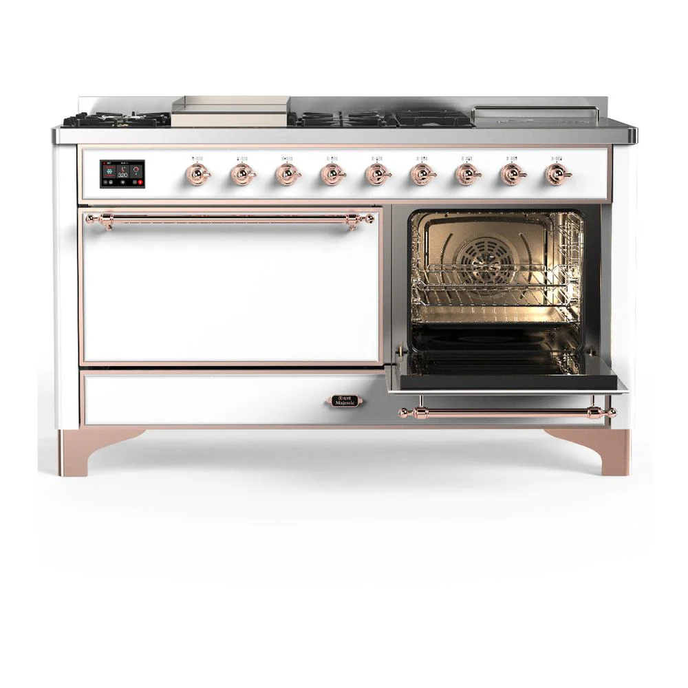 Ilve UM60FSQNR3WHP Ilve Um60Fsqnr3Whp Majestic Iii 60 Inch Dual Fuel Range With 7 Burners, Griddle And French Top, Dual Function Burner With Up To 25,000 Btu (Natural Gas, Solid Door, White, Copper) - Image 4