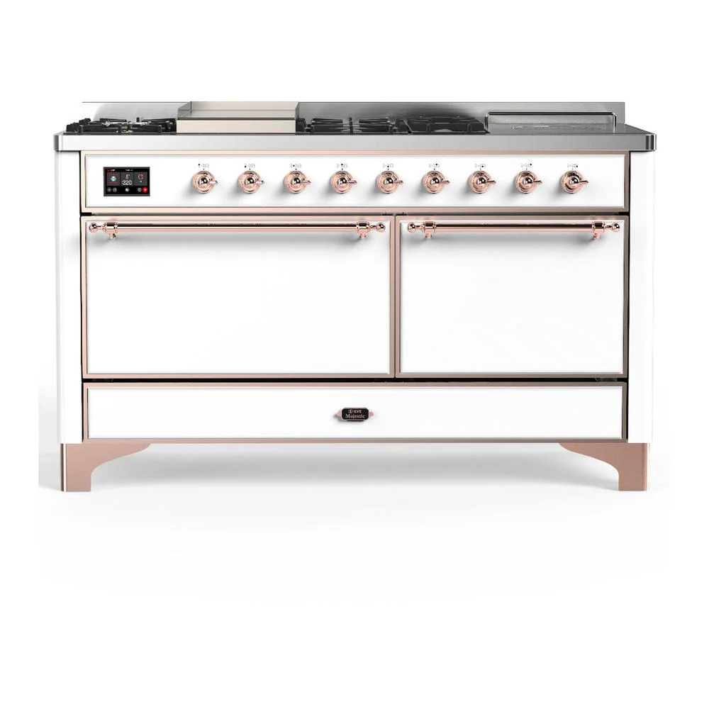 Ilve UM60FSQNR3WHPLP Ilve Um60Fsqnr3Whplp Majestic Iii 60 Inch Dual Fuel Range With 7 Burners, Griddle And French Top, Dual Function Burner With Up To 25,000 Btu (Liquid Propane, Solid Door, White, Copper)