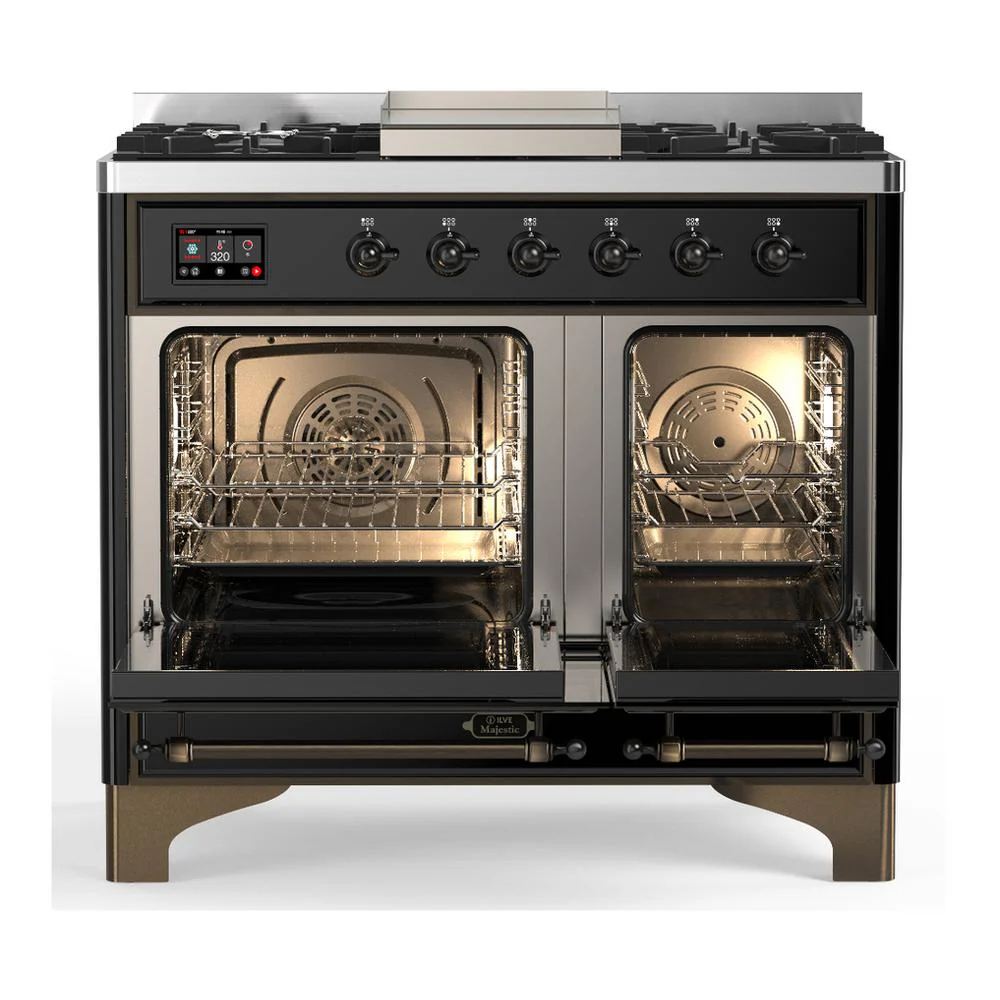 Ilve UMD40FNR3BKB Ilve Umd40Fnr3Bkb Majestic Iii 40 Inch Dual Fuel Range With 6 Burners And Griddle, Dual Function Burner Up To 25,000 Btu (Natural Gas, Triple Glass Door, Glossy Black, Burnished) - Image 2