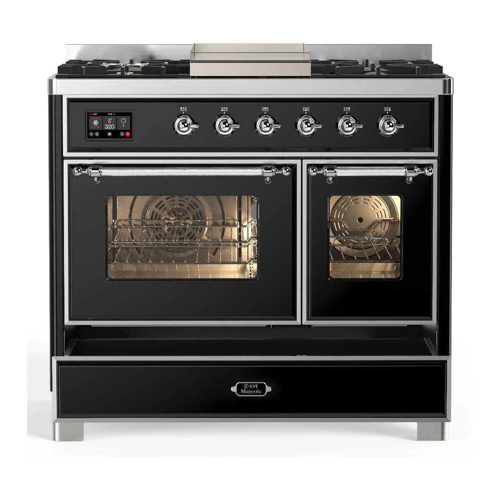 Ilve UMD40FNR3BKCLP Ilve Umd40Fnr3Bkclp Majestic Iii 40 Inch Dual Fuel Range With 6 Burners And Griddle, Dual Function Burner Up To 25,000 Btu (Liquid Propane, Triple Glass Door, Glossy Black, Chrome) - Image 5